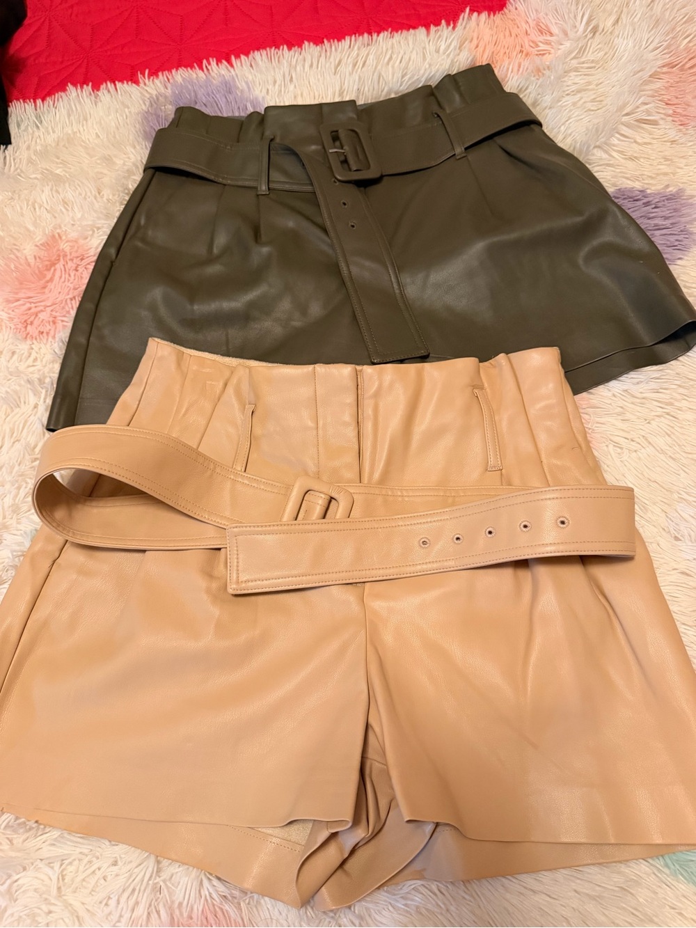 Express High-Waist Leather Belted Shorts in Olive and Tan